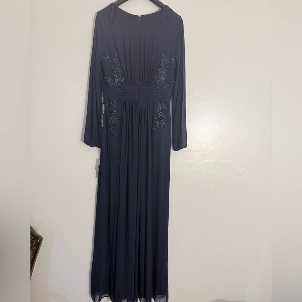 Betsy & Adam Navy Beaded Long Sleeve V-Neck Gown - Picture 4 of 5
